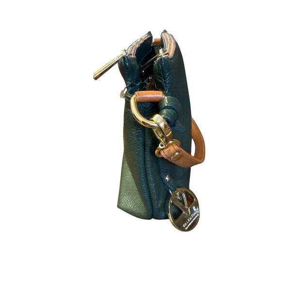 Valentina Italy Leather Shoulder Bag Green Tan Strap Gold Logo Zip Purse - Picture 8 of 16